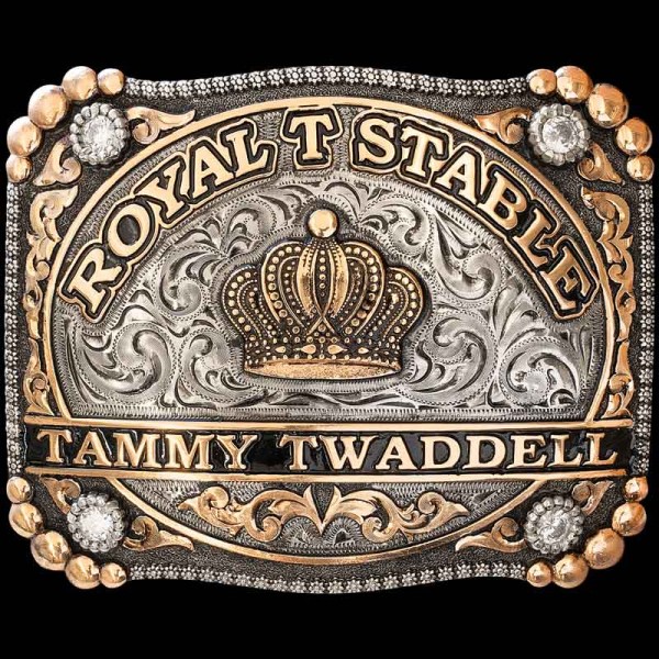 The Tupelo Belt Buckle features large beaded bronze corners and our signature berry edge. Customize this unique royalty trophy belt buckle today!